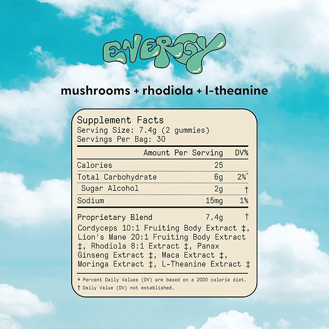 SuperMush Energy Mushroom Gummies - Organic Lions Mane Supplement with Cordyceps, Rhodiola, L-Theanine, Maca - Vegan & Sugar-Free - Energy, Focus, Stamina, Stress Reduction - 60 Gummies (30 Servings)