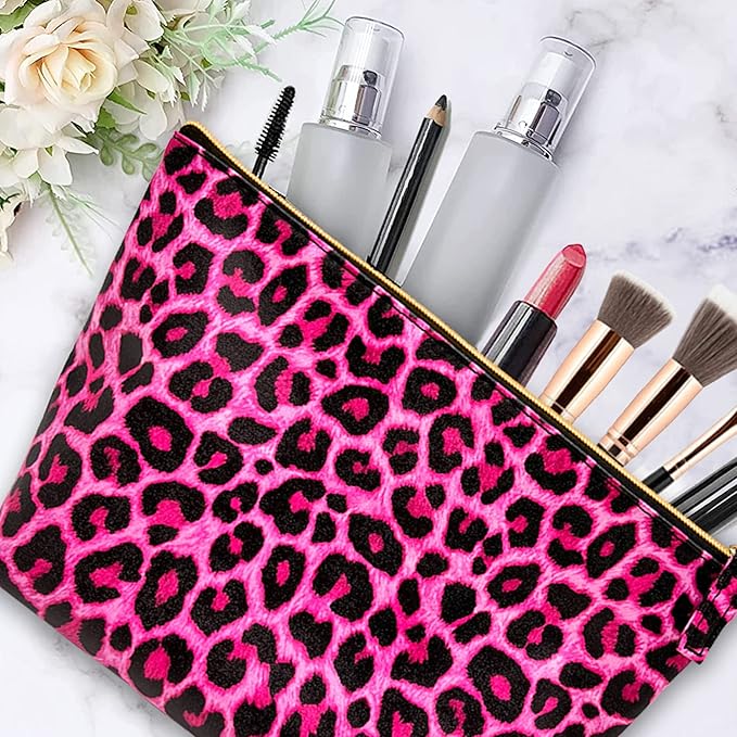 Vegan Leather Hot Pink Leopard Makeup Bag Y2K 2000s McBling Aesthetic - Cheetah Print Small Cosmetic Toiletry Storage Case Travel Make Up Bag - Cute Girly Girl Gifts for Women Cute Accessories Things