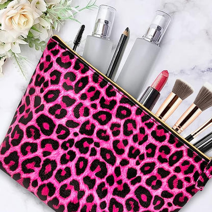 Vegan Leather Hot Pink Leopard Makeup Bag Y2K 2000s McBling Aesthetic - Cheetah Print Small Cosmetic Toiletry Storage Case Travel Make Up Bag - Cute Girly Girl Gifts for Women Cute Accessories Things