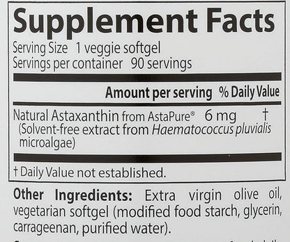 Doctor's Best Astaxanthin, Powerful Antioxidant, Skin, Eye Health, Non-GMO, Gluten Free, Vegan, Soy Free, 6 mg, 90VSG