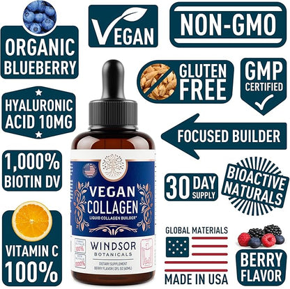 Vegan Collagen Builder Liquid Supplement - Collagen Booster with Vitamin C, Biotin, Hyaluronic Acid & Amino Acids - Vegetarian Collagen for Women, Organic Fruit & Vegetable Blend - 60ml, 30 Day