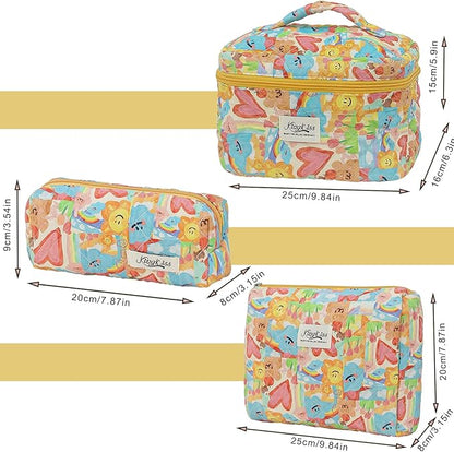 kingkiss Makeup Bag, Quilted Cosmetic Bag, Large Capacity Make Up Bag for Women, Cute Floral Storage Toiletry Bag Travel Storage Makeup Bag(Love Doodle)