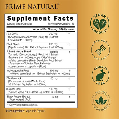 Sea Moss 3000mg Black Seed Oil 2000mg Ashwagandha 1000mg Turmeric 1000mg Bladderwrack 1000mg Burdock 1000mg Manuka Honey Dandelion ACV - 120 Capsules | 60 Days Supply | Vegan