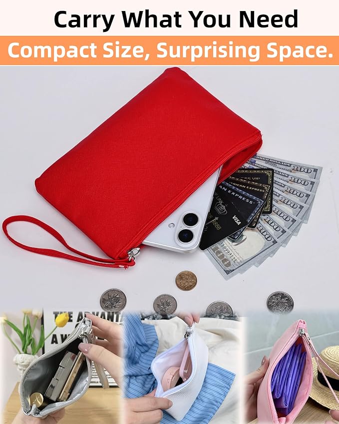 Small Makeup Bag for Purse Mini Cosmetic Pouch Zipper Little Wristlet, Tiny Make Up Organizer Lipstick Feminine Product Car Change Coin Holder for Women Handbags, 8 x 5 Clutch Phone Wallet,1 Red
