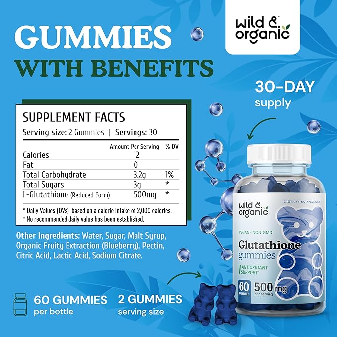 Wild & Organic L Glutathione Gummies - Reduced Glutathione 500mg for Antioxidant Support - Liver Cleanse Detox Supplement - 60 Vegan, Non-GMO, Pectin-Based Chews