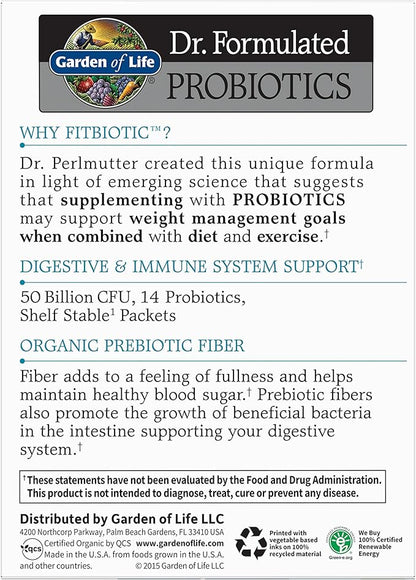 Garden of Life Dr. Formulated Probiotics Fitbiotic Weight Management Powder 50 Billion CFU & Fiber, Organic & Non-GMO Digestive Gut Health Supplement, 3 Oz, Pack of 20