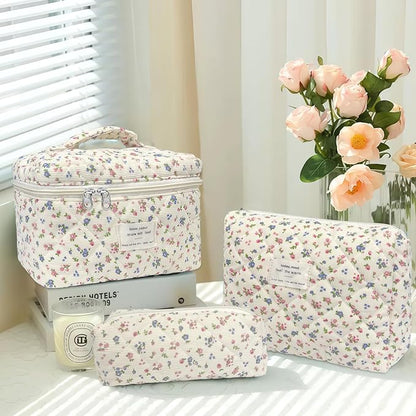 3 Piece Floral Corduroy Quilted Makeup Bag Set, Large Capacity Travel Makeup Bags for Women and Girls, Includes Small, Medium, and Large aesthetic makeup&Cosmetic Bags