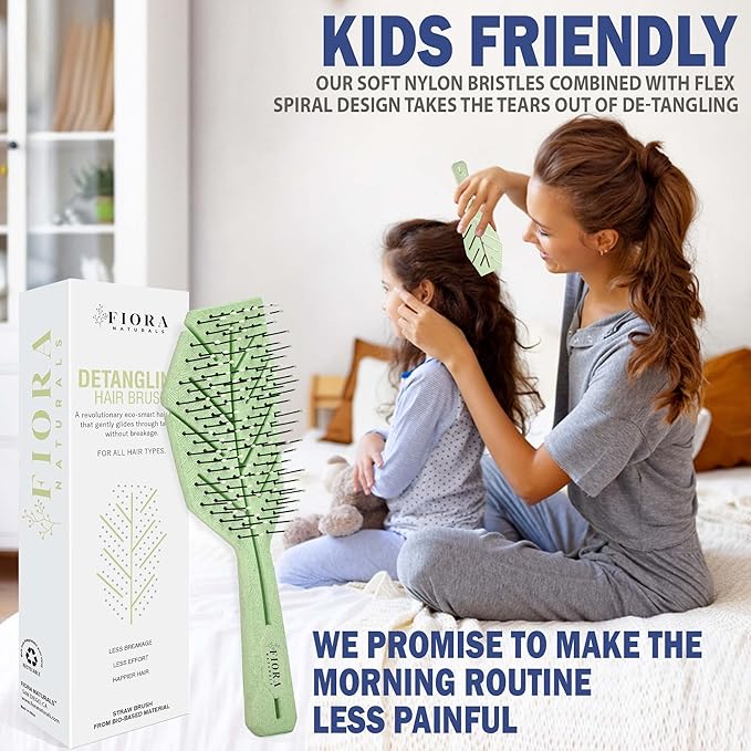 Fiora Naturals Hair Detangling Brush -100% Bio-Friendly Detangler hair brush w/Ultra-soft Bristles- Glide Through Tangles with Ease - For Curly, Fine, Women, Men, Kids, Toddlers, Wet and Dry Hair
