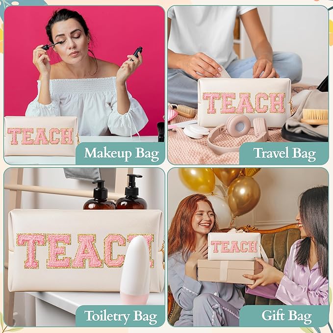 CY2SIDE TEACH Letter Makeup Bag - Pink TEACH Chenille Letter Patch Cosmetic Bag Shell Gold PU Leather Patch Travel Pouch Waterproof Portable Zipper Travel Organizer Case for Teacher Appreciation Gifts