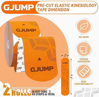 Kinesiology Tape, Original Cotton Elastic Athletic Tape for Muscle Strain Relief & Joint Support, 40 Count Precut Strips 2 Rolls, Waterproof & Breathable Sports Tape for Support and Recovery