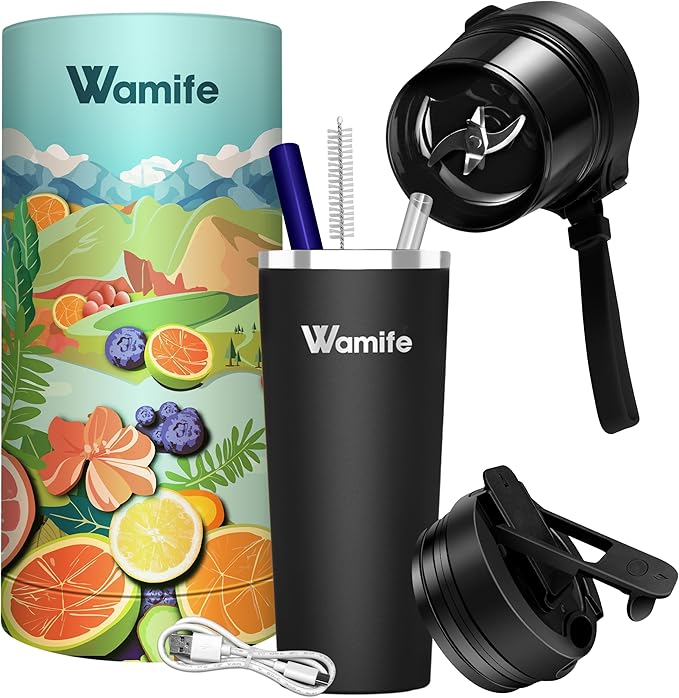 Wamife Portable Blender 16oz personal blender-Portable Blender for Shakes and Smoothies,USB-C Rechargeable,Durable Stainless Steel Blades for Powerful Blending Performance,for office gym - WISDOM