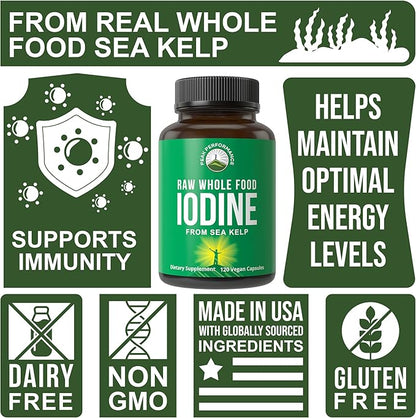 Peak Performance Raw Whole Food Iodine Supplement from Organic Kelp (Ascophyllum Nodosum) Potassium Iodide Support Tablets. for Metabolism, Energy, and Immune. 120 Vegan Capsules, Pills.