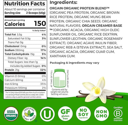 Orgain Organic Vegan Protein Powder, Vanilla Bean - 21g Plant Based Protein, 4g Prebiotic Fiber, No Lactose Ingredients, No Added Sugar, Non-GMO, For Shakes & Smoothies, 1.02 lb (Packaging May Vary)