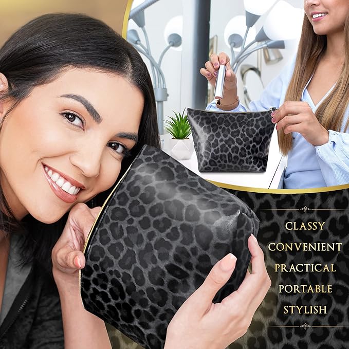 Vegan Leather Black Leopard Print Makeup Bag for Purse Make Up Bag - Cute Travel Accessories Small Cosmetic Zipper Pouch - Girly Girl Stuff Black Cheetah Print Gifts for Women Girls Aesthetic Things
