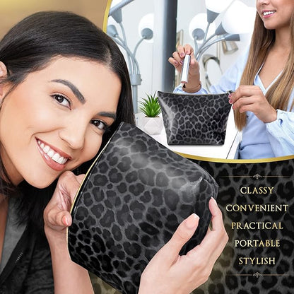Vegan Leather Black Leopard Print Makeup Bag for Purse Make Up Bag - Cute Travel Accessories Small Cosmetic Zipper Pouch - Girly Girl Stuff Black Cheetah Print Gifts for Women Girls Aesthetic Things