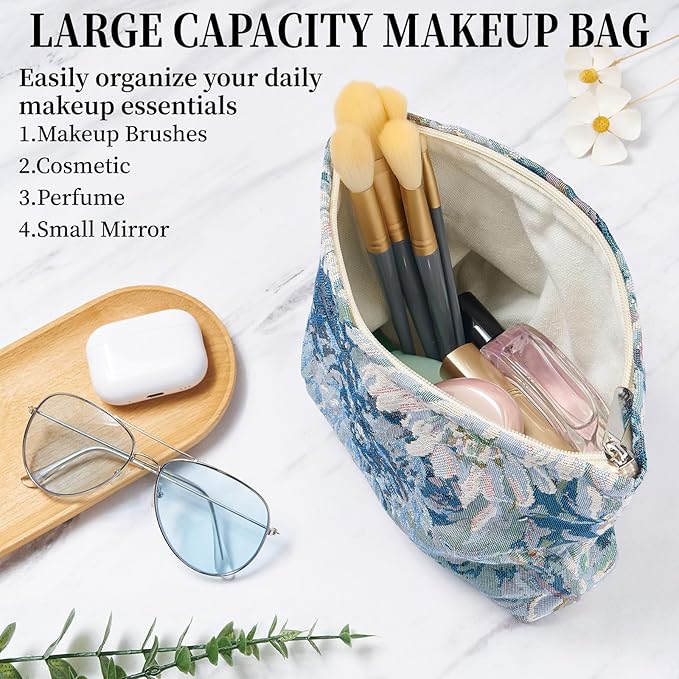 WOZEAH Floral Makeup Bag for Purse Small Cosmetic Pouch,Stylish Zipper Make up Pouch Travel Canvas Toiletry Bags(Painting Flower 1)