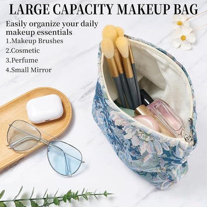 WOZEAH Floral Makeup Bag for Purse Small Cosmetic Pouch,Stylish Zipper Make up Pouch Travel Canvas Toiletry Bags(Painting Flower 1)