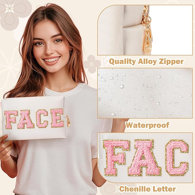 CY2SIDE SKIN Letter Makeup Bag - 2PCS SKIN and FACH Chenille Letter Patch Cosmetic Bag Preppy PU Leather Patch Pouch Waterproof Portable Zipper Travel Organizer Christmas Gifts for Women Girls(Pink)