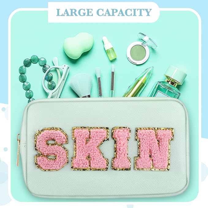 Sanwuta 4 Pcs Hair Face Skin Travel Bag Set Preppy Makeup Pouch PU Leather Skincare Bag Waterproof Cosmetic Organizer Birthday Christmas Gifts(Blue, Pink, Green, Purple,Fresh Style)