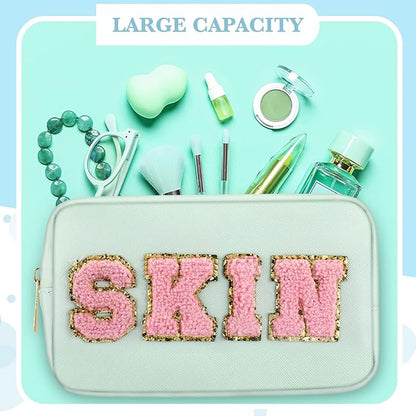 Sanwuta 4 Pcs Hair Face Skin Travel Bag Set Preppy Makeup Pouch PU Leather Skincare Bag Waterproof Cosmetic Organizer Birthday Christmas Gifts(Blue, Pink, Green, Purple,Fresh Style)