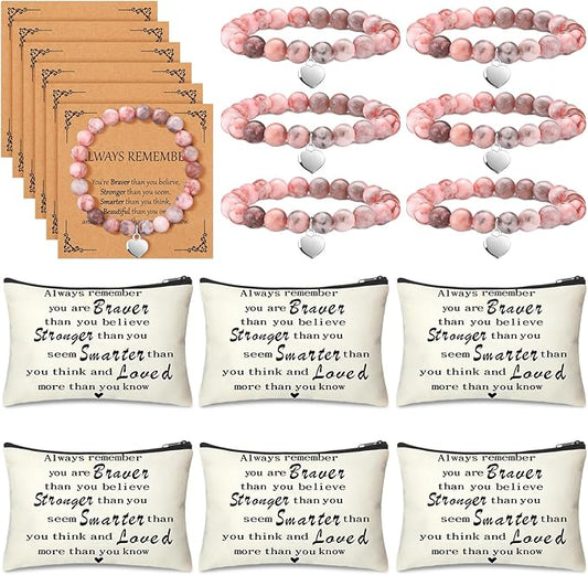 Tondiamo 6 Sets Inspirational Appreciation Gifts Include 6 Inspirational Natural Stone Bracelets 6 Cards and 6 Motivational Canvas Makeup Bags for Team Coworkers Nurse