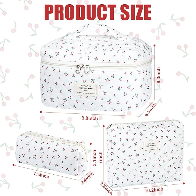 Quilted Makeup Bag Set, 3Pcs Large Checkered Corduroy Cosmetic Bags, Cute Coquette Makeup Bag Toiletry Zipper Pouch Bag for Women and Girls Checkered