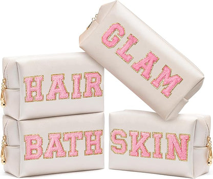 CY2SIDE GLAM Letter Makeup Bag - 4PCS Pink Glam Skin Hair Bath Chenille Letter Patch Cosmetic Bag Preppy PU Leather Patch Pouch Waterproof Portable Zipper Travel Organizer Xmas Gifts for Women Girls