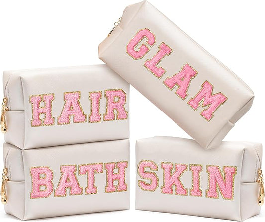 CY2SIDE GLAM Letter Makeup Bag - 4PCS Pink Glam Skin Hair Bath Chenille Letter Patch Cosmetic Bag Preppy PU Leather Patch Pouch Waterproof Portable Zipper Travel Organizer Xmas Gifts for Women Girls