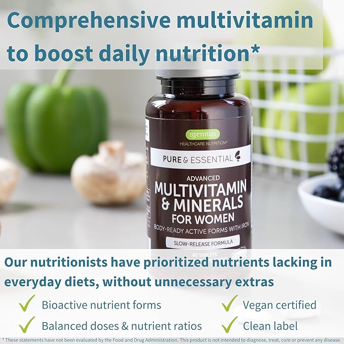 Methylated Women's Multivitamin, Methyl Folate for MTHFR, Clean Label & Vegan, with Iron, Non-GMO, Sustained Release, 180 Tablets, by Igennus