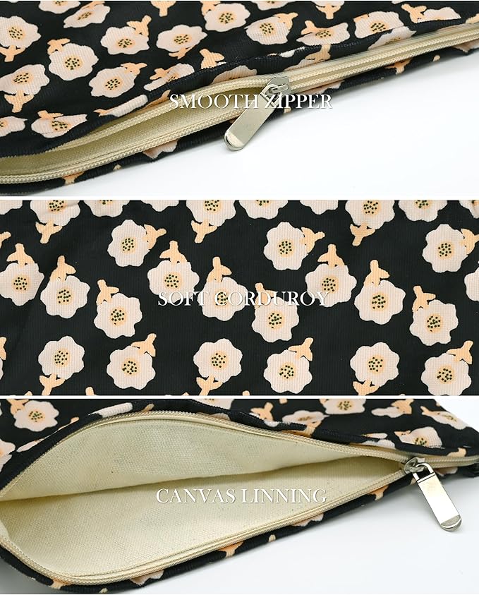 Corduroy Makeup Bag Cosmestic Bag Large Capacity Ladies Women Aesthetic Make Up Organizer Accessories Zipper Pouch Purse （Beige+Black Flowers）