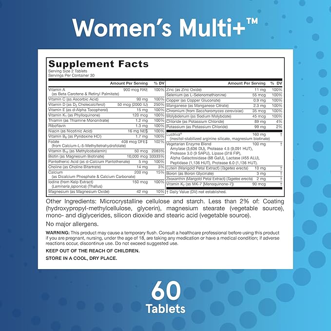 Jarrow Formulas Women's Multi+ Lustriva Hair Growth for Women, Vitamin A, D, Zinc & Lutein, 60 Tablets, 30 Day Supply
