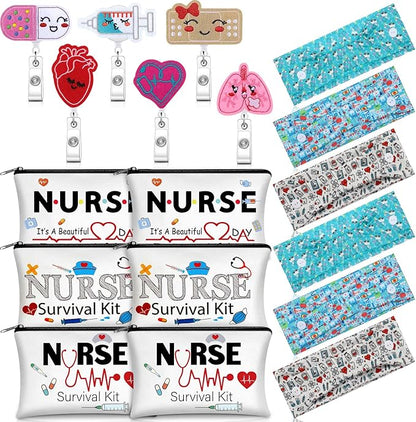 XunYee 18 Pcs Nurse Gift Survival Kit 2025 Nurse Week Appreciation Gift for Women 6 Cosmetic Makeup Bag 6 Badge Reel Retractable 6 Headband with Button Women Doctor Present for Hospital(Stylish Style)