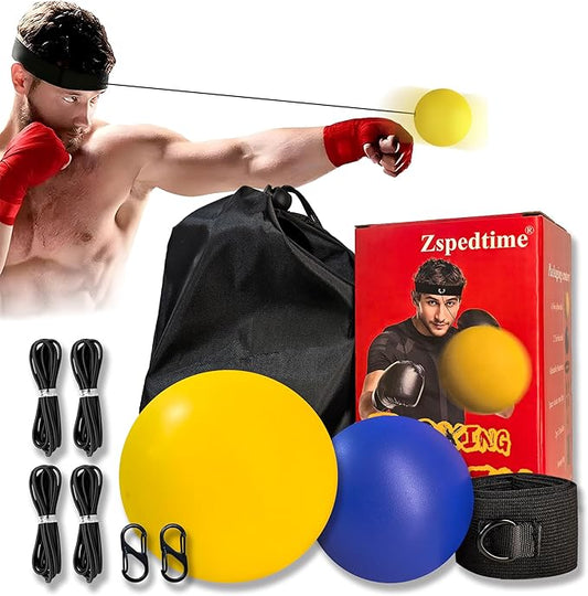 Boxing Reflex Ball Set - 2 Sizes PU Foam Speed Ball with Adjustable Headband, Anti-Rust S-Clips & Extra Strings | Hand Pain-Free Training for Reflex, Agility, Stress Relief (Yellow & Blue)