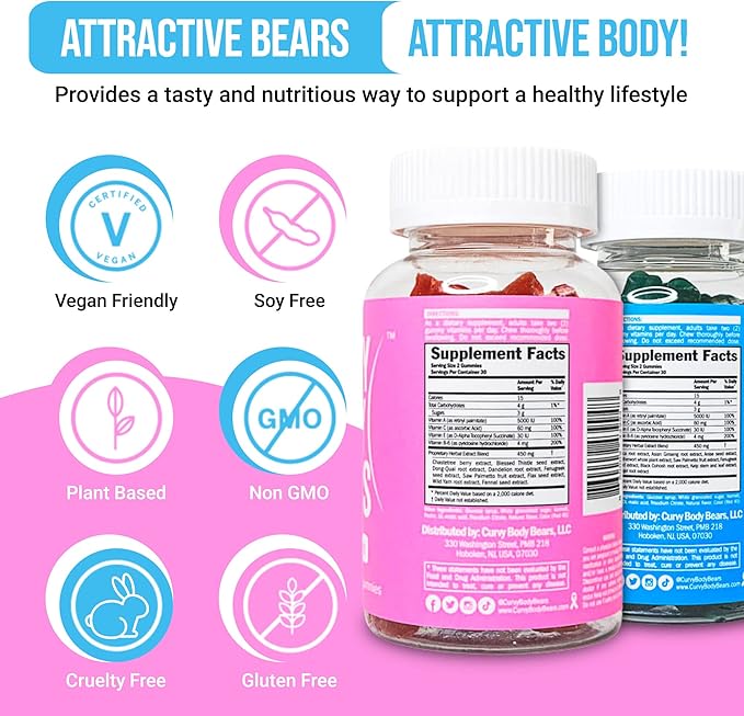 Bum & Chest Combo Pack Gummies for Women | Workout Aid | Fitness Supplement | with Essential Herbs, Vitamins, Multivitamins, Fenugreek, and Ginseng | Berry Flavored | (120 Gummies)