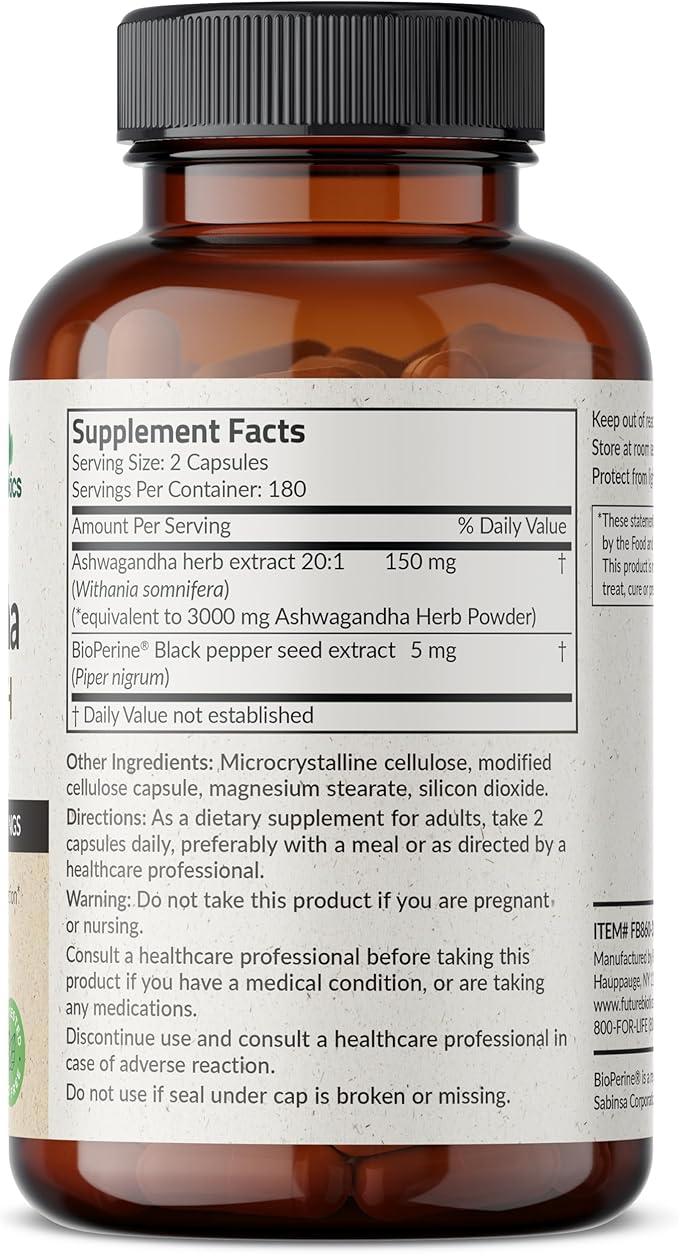 Futurebiotics Ashwagandha Extra Strength Stress & Mood Support with BioPerine - Non GMO Formula, 360 Vegetarian Capsules