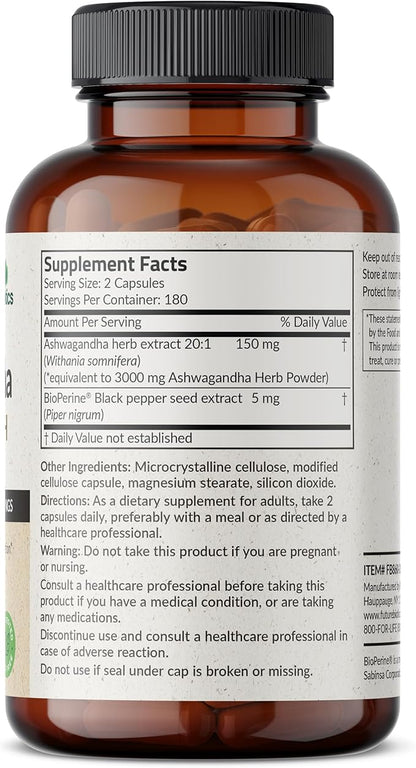 Futurebiotics Ashwagandha Extra Strength Stress & Mood Support with BioPerine - Non GMO Formula, 360 Vegetarian Capsules