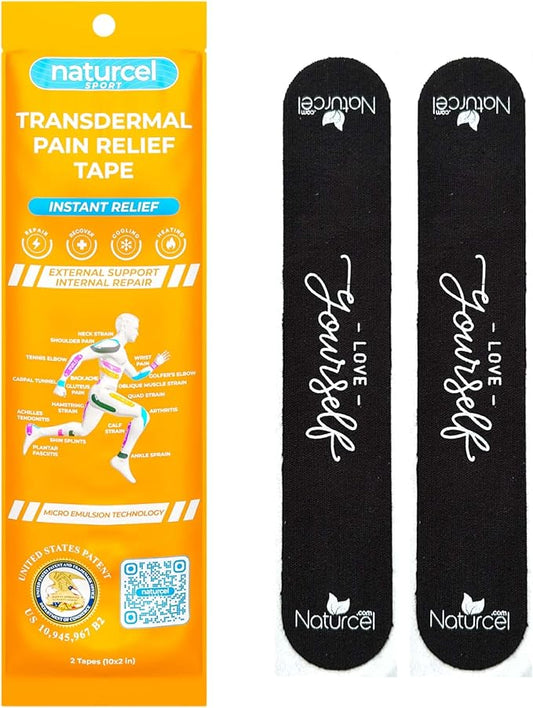 Sport Transdermal Pain Relief Tape, Kinesiology Tape, Sore Joints, Muscles, Back, Knee, Elbow, Shoulder Pain, 2 Elastic Strips(10x2 in), Water Resistant, Accelerated Recovery (Black, 1 Pack)
