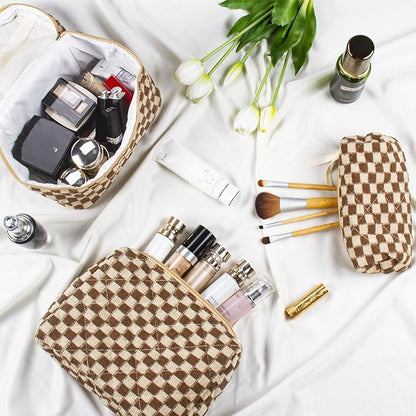 Quilted Makeup Bag Set, 3Pcs Large Checkered Corduroy Cosmetic Bags, Cute Coquette Makeup Bag Toiletry Zipper Pouch Bag for Women and Girls Checkered