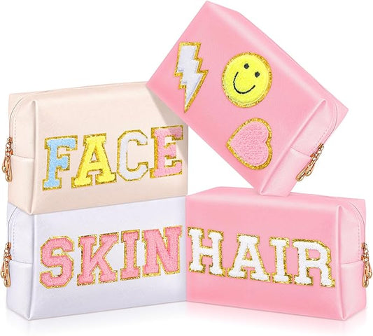 Sanwuta 4 Pcs Hair Face Skin Travel Bag Set Preppy Makeup Pouch PU Leather Skincare Bag Waterproof Cosmetic Organizer Birthday Christmas Gifts(White, Pink, Beige,Fresh Style)