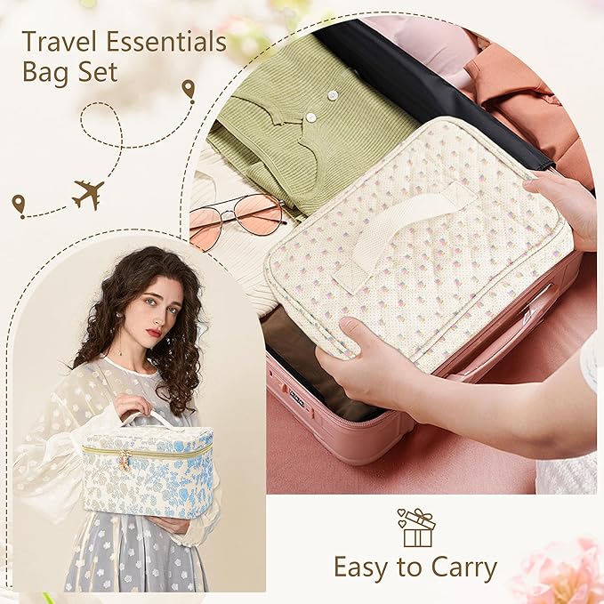 3 PCS Travel Makeup Bag Set, Large Cotton Make up Bag Quilted for Women, Floral Cosmetic Bag Toiletry Bag for Girls Cute Flower Toiletry Bag Travel Accessories Brushes Kawaii Stuff - Red Flower