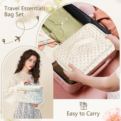 3 PCS Travel Makeup Bag Set, Large Cotton Make up Bag Quilted for Women, Floral Cosmetic Bag Toiletry Bag for Girls Cute Flower Toiletry Bag Travel Accessories Brushes Kawaii Stuff - Red Flower