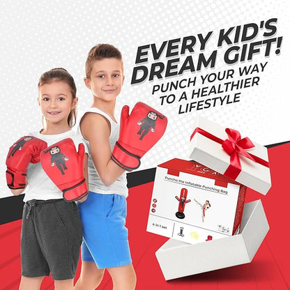 PUNCHO Inflatable Punching Bag for Kids - 63" Kid Boxing Bag Set - Karate Gifts for Boys and Girls Age 3-12 - Kids Punching Bag & Birthday Gift with Boxing Gloves, Air Pump, eBook - Ninja Kid Toys