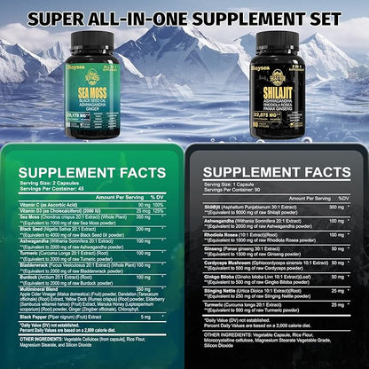 Boysea.Shilajit and Sea Moss Bundle - Sea Moss (7000mg), Ashwagandha (2000mg), Black Seed Oil (4000mg), Ginger & Shilajit (9000mg), Rhodiola Rosea (1000mg) – 90 Count (2 Pack)