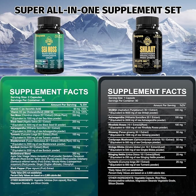 Boysea.Shilajit and Sea Moss Bundle - Sea Moss (7000mg), Ashwagandha (2000mg), Black Seed Oil (4000mg), Ginger & Shilajit (9000mg), Rhodiola Rosea (1000mg) – 90 Count (3 Pack)