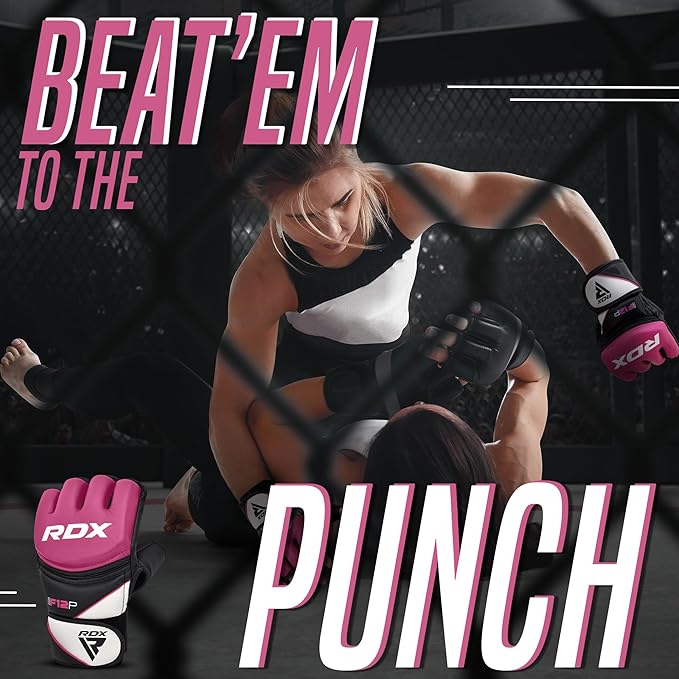 RDX MMA Gloves Grappling Sparring, Maya Hide Leather, Boxing Gloves Men Women Muay Thai Martial Arts Training, Half Finger Adjustable Mitts Wrist Support Kickboxing Cage Fighting Punching Bag Workout