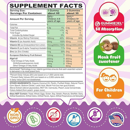 Elderberry + Vitamin C & Zinc Immune Support Gummies for Kids 4+, Omega-3, Vitamin D3, A, E, Sugar Free Daily Childrens Daily Multi Vitamins Gummy | Immunity, Eye & Brain Health | Non-GMO, 60 Count