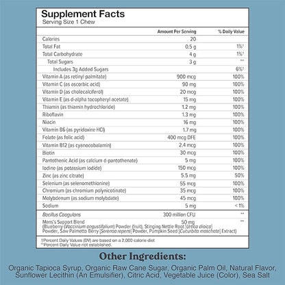 Chewsy Men's Multivitamin Chews, Immune & Energy Support, Vitamin A, B12, C, D3, E, Folic Acid, Probiotics, Saw Palmetto, Zinc, Adult Chewable Vitamin, Individually Wrapped Chews, 6-Day Supply (1)