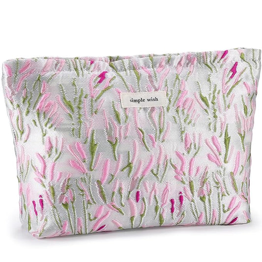 ZLFSRQ Flower Makeup Bag Travel Cute Floral Cosmetic Bags for Women Large Toiletry Pouch Zipper Cosmetic Pouch for Purse Aesthetic Embroidery Makeup Organizer Bag Portable Toiletry Bags(Green &Pink)