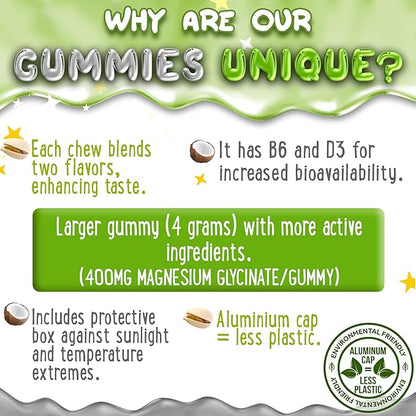 Magnesium Glycinate Gummies 400mg - Magnesium for Sleep, Calm, Relax & Muscle Relief with B6 & D3 and No Melatonin - Family-Friendly for Kids, Teens & Adults - Vegan & Non-GMO Supplement - 120 Count