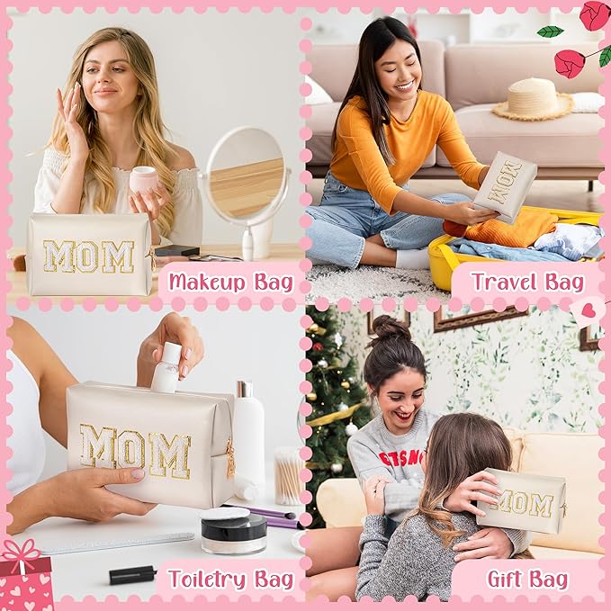CY2SIDE MOM Letter Makeup Bag - White Mom Chenille Letter Patch Cosmetic Bag Pink PU Leather Patch Travel Pouch Waterproof Portable Zipper Travel Organizer Case Christmas Idea Gifts for Mother Women